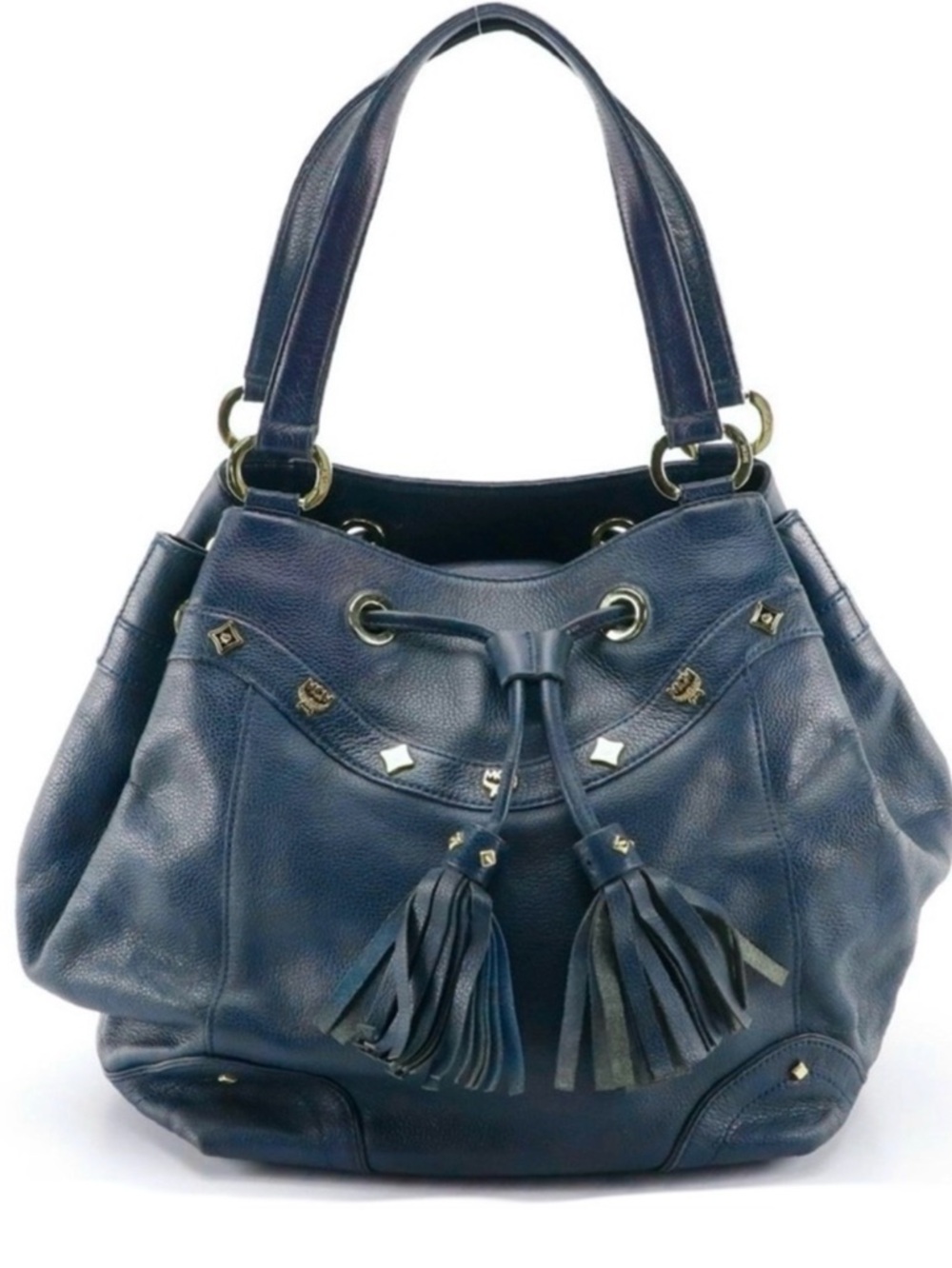 MCM BLUE LEATHER DRAWSTRING TOTE BAG WITH TASSEL & STUD DECORATIONS